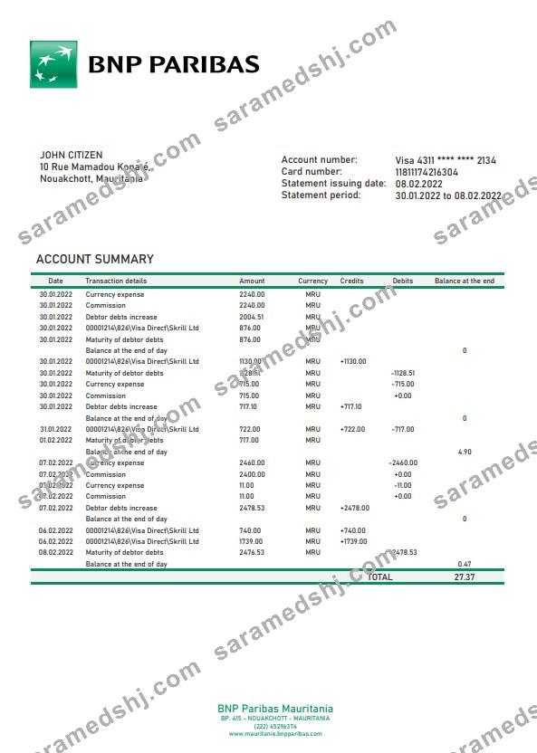 Mauritania BNP Paribas bank statement template in Word and PDF format